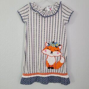 Counting Daisies Girls Striped Fox Appliqué Ruffle Collar Dress Size 5
